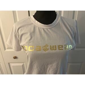 Rocawear White Tee with Gold Accents, Y2K, Streetwear, Funky, Women, L, Retro,